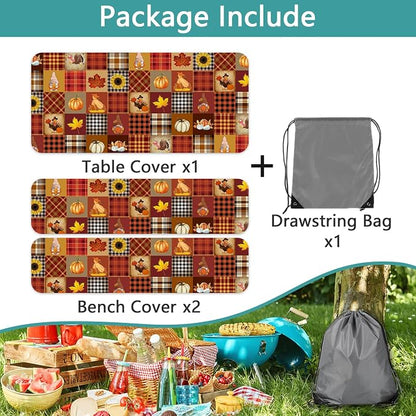 Fall Pumpkin Picnic Table Cover with Bench Covers Thanksgiving Maple Leaves Sunflower Plaid Camping Tablecloth Waterproof Elastic Edges Fitted Rectangle Tables Cover for Indoor Outdoor 3PCS 30x72 Inch