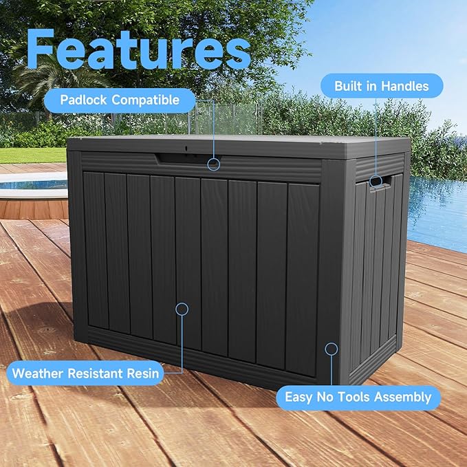 Pepe Tee Waterproof Resin Deck Box, Outdoor Storage Bin for Patio Furniture Cushions, All-Weather Garden Organizer & Seating Bench, Black
