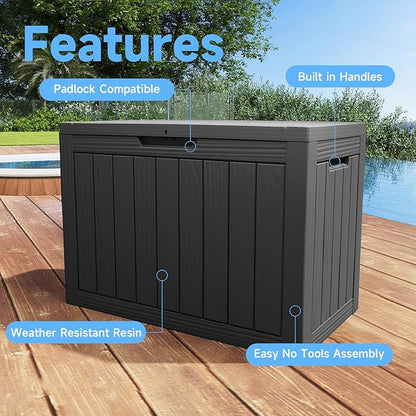 Pepe Tee Waterproof Resin Deck Box, Outdoor Storage Bin for Patio Furniture Cushions, All-Weather Garden Organizer & Seating Bench, Black