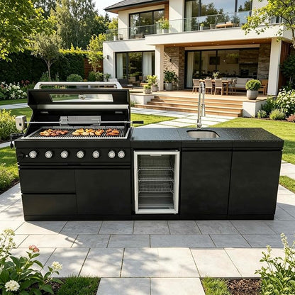101-Inch 6-Burner 85000 BTU Stainless Steel Outdoor Kitchen Island Propane Gas Grill + Wine Cooler Refrigerator + Rotisserie Kit + Granite Countertops + Sink, For Backyard & Patio Entertaining, Black