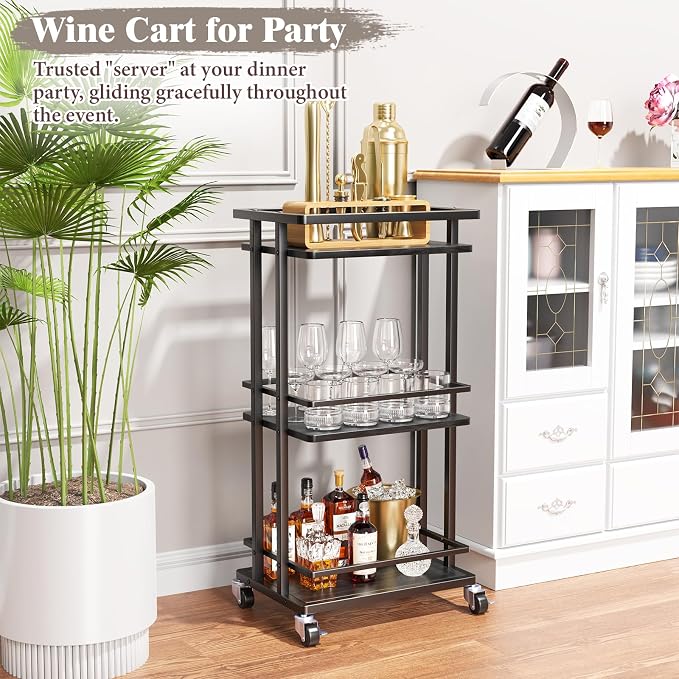 OKZEST 3-Tier Bar Cart for Home, Mini Rolling Liquor Cabinet & Serving Cart | Small alcohol coffee bar cart for party, Holds wine, liquor, beverage, glassware, shaker, coffee supplies, Rustic farmhouse
