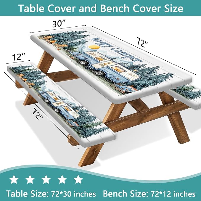 Picnic Table Cover with Bench Covers Elastic Edges, Outdoor Patio Camping Essentials 60 Inch 3PCS, Camper Fitted Table Cover, Waterproof Rectangle Tablecloth with Drawstring Bag,RV