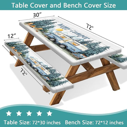 Picnic Table Cover with Bench Covers Elastic Edges, Outdoor Patio Camping Essentials 72 Inch 3PCS, Camper Fitted Table Cover, Waterproof Rectangle Tablecloth with Drawstring Bag,Blue White