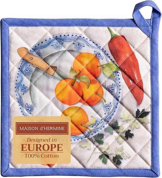 Maison d' Hermine Pot Holders 100% Cotton Heat Resistant Potholders 8" x 8" Hot Pads with Loop BBQ Cooking Baking Hotel Farmhouse Kitchen Handling Hot Pans Spring Summer (Pack of 1, Gourmand)