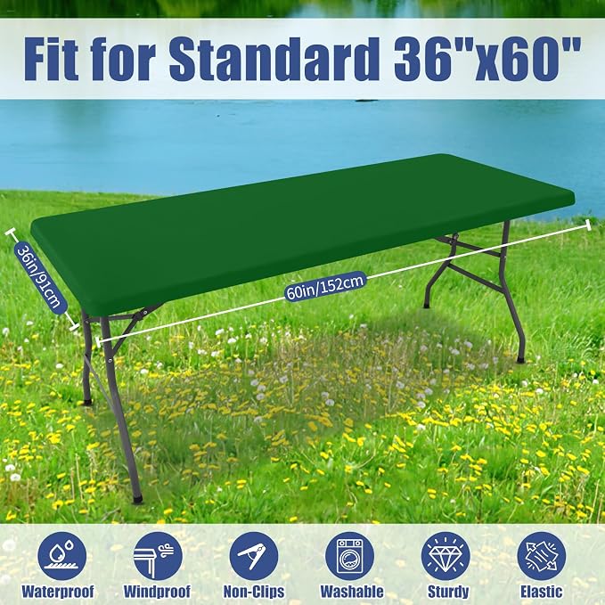 Moosfor 2 Pack Rectangle Spandex Fitted Table Cloth, 5FT Elastic Tablecloth | Washable Picnic Table Cover, Stretch Waterproof Table cloths for Party, Patio, Dining, Kitchen, 36" x 60", Emerald Green