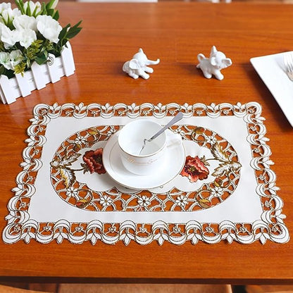 LeLehome Set of 4 Flower Embroidered Placemats, Oblong Rufous Flower Rose Lunchmats Place Mats, Home Kitchen Dining Restaurant Party Indoor Decor Table Mats, 18 Inch X 12 Inch