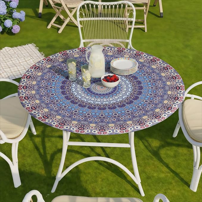 opstellen Fitted Vinyl Round Tablecloth for 36-44" Table Boho Waterproof Reusable Summer Fall Tableclothes Campers Inside Outdoors Supplies Dining Room Kitchen Needs White Elephant Gifts