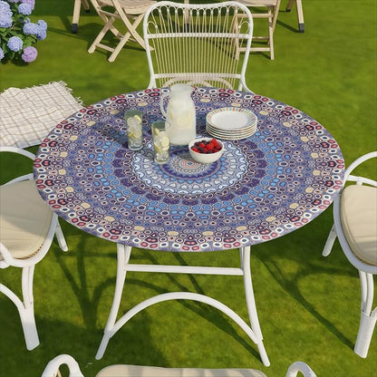 opstellen Fitted Vinyl Round Tablecloth for 36-44" Table Boho Waterproof Reusable Summer Fall Tableclothes Campers Inside Outdoors Supplies Dining Room Kitchen Needs White Elephant Gifts
