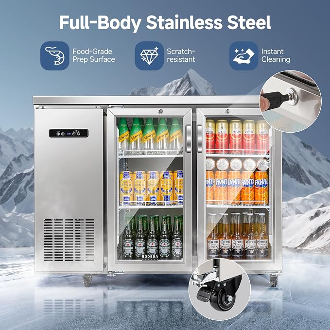 BODEGA BODEGACOOLER 12 Cu.Ft Commercial Back Bar Cooler, Stainless Steel | Stainless Steel Counter-Height Beverage Fridge – LED Lighting, Adjustable Shelves, Lock & 4 Casters, 32°F-50°F for Bars
