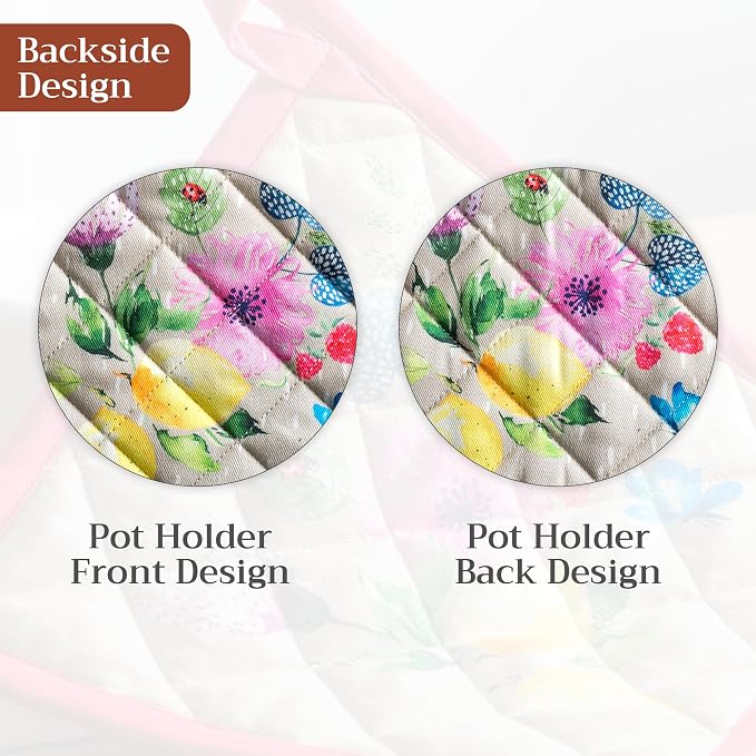 Maison d' Hermine Pot Holders 100% Cotton Potholders (8" x 8", Pack of 1) | Heat Resistant Hot Pads with Loop BBQ Cooking Baking Farmhouse Kitchen Handling Hot Pans Spring Summer - Jardin D'Ete - Fog