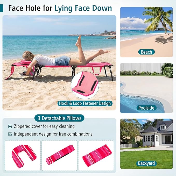 GYMAX Tanning Chair, Folding Lounge Chairs with Face Hole & Cover, Removable Pillow Carry Handle, Portable Compact Outdoor Layout Recliner for Beach, Poolside, Lawn, Patio, Camping (Pink Stripe,1)