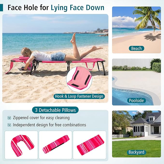 Goplus Tanning Chair, Folding Beach Lounge Chair with Face Hole, Removable Pillow, Carry Strap, Position Adjustable, Sunbathing Chair, Portable Outside Lounge Chair for Patio Pool
