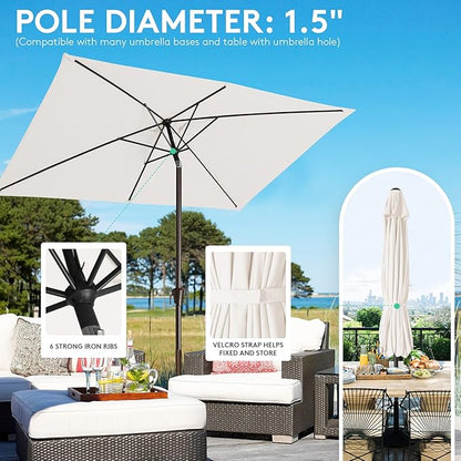 JEAREY 6.5x10ft Olefin Rectangular Patio Umbrella, Rectangle Outdoor Umbrellas with Auto Tilt Crank System, Market Table Umbrella UV Protection Fade-Resistant for Pool Deck Garden Yard, Cream White