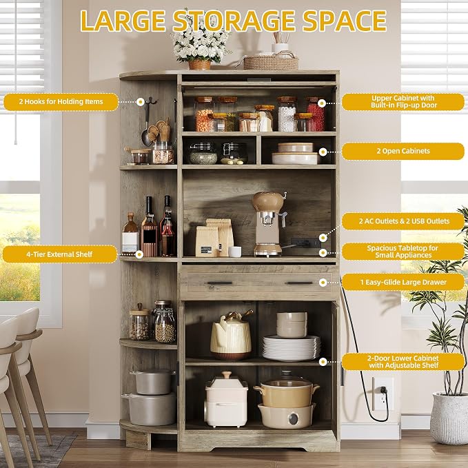 DWVO 67" Farmhouse Kitchen Pantry Cabinet with Storage Cabinet, Ash Gray | Coffee Bar & Charging Station, Buffet Sideboard, Microwave Stand, Hutch Cupboard for Dining Room Kitchen Living Room