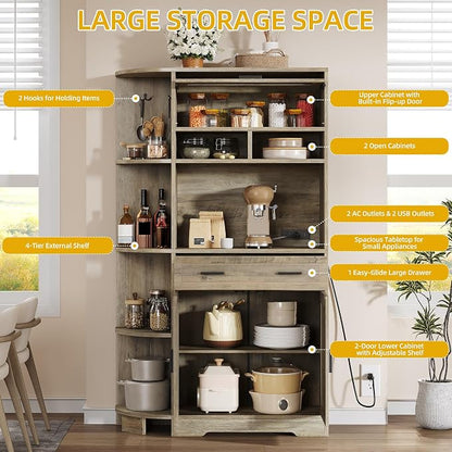 DWVO 67" Farmhouse Kitchen Pantry Cabinet with Storage Cabinet, Ash Gray | Coffee Bar & Charging Station, Buffet Sideboard, Microwave Stand, Hutch Cupboard for Dining Room Kitchen Living Room