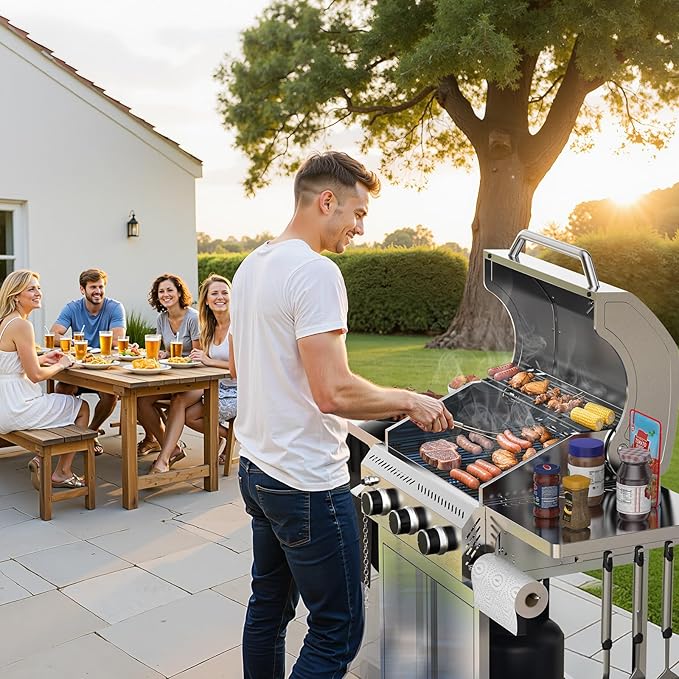 R.W.FLAME 3 Burner Propane Gas Grill, 24,000 BTU Stainless Steel BBQ Grill with Foldable Shelves, Outdoor Grill for Backyard, Patio, and Camping