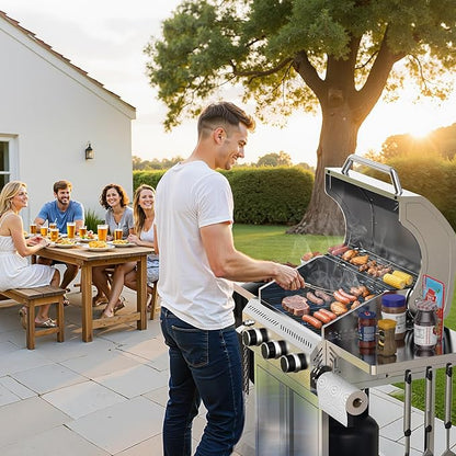 R.W.FLAME 3 Burner Propane Gas Grill, 24,000 BTU Stainless Steel BBQ Grill with Foldable Shelves, Outdoor Grill for Backyard, Patio, and Camping