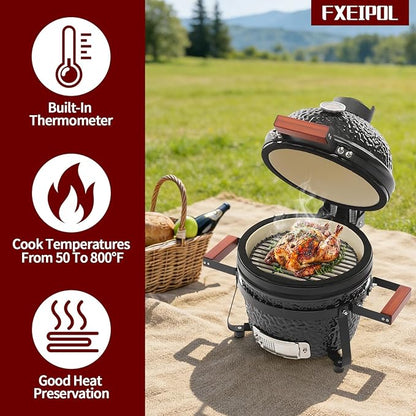 Ceramic BBQ Charcoal Grill, 13" Round Ceramic Barbecue Grill with Thermometer for Picnics, Camping (Black)