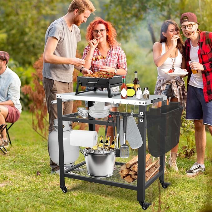 M METERXITY Stainless Steel Pizza Oven Table for Ooni, 32"x 24" Three-Shelf | Stainless Steel Outdoor Grill Cart Table, Outside BBQ Food Prep, 650 lbs, Multifunctional Area for Pizza Ovens Stand, Griddle