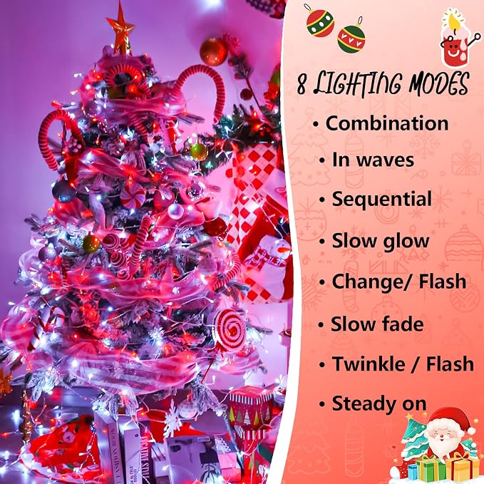 YEGUO 165ft 500 LED String Lights Outdoor Waterproof, Clear Wire Christmas String Lights Indoor Plug in, 8 Modes Twinkle Tree Light for Xmas Party Garden(Red and White)