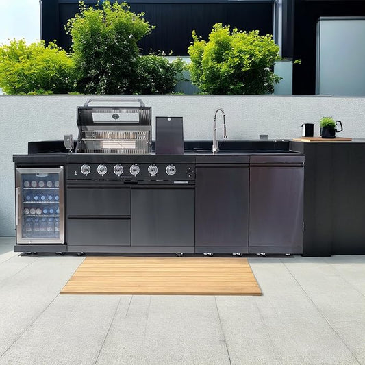 104" Natural Gas Outdoor Kitchen Island - 46-Inch 4-Burner 72,000 BTU Deluxe Stainless Steel Grill Wine Cooler Compact Refrigerator Rotisserie Granite Countertops Stainless steel Sink,Black
