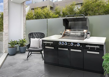 Mont Alpi Premium 70"W x 24"D Black Stainless Steel Compact Outdoor Kitchen Island with Access Doors + 32"W 4-Burner BBQ Grill with Infrared Rear Burner + Storage Cabinets + White Granite Countertops