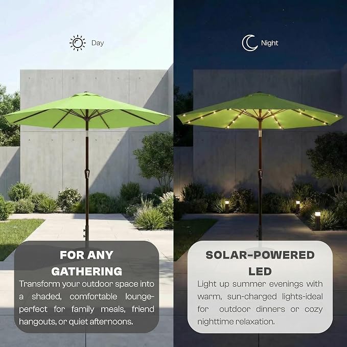 10FT Solar Lighted Patio Umbrella, Outdoor Table Market Umbrellas with Push Button Tilt and Crank, 32 LED Lights, 8 Sturdy Ribs, UV-Resistant for Deck, Garden, Pool