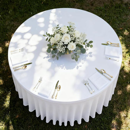 Fitted White Spandex Table Skirts for Wedding Party,72 Inch Round,4 Pack | Spandex Table Covers, For 6 Ft Wedding Cake Tables, Wrinkle Resistant, Ruffle Design Banquets, Baby Showers, Parties