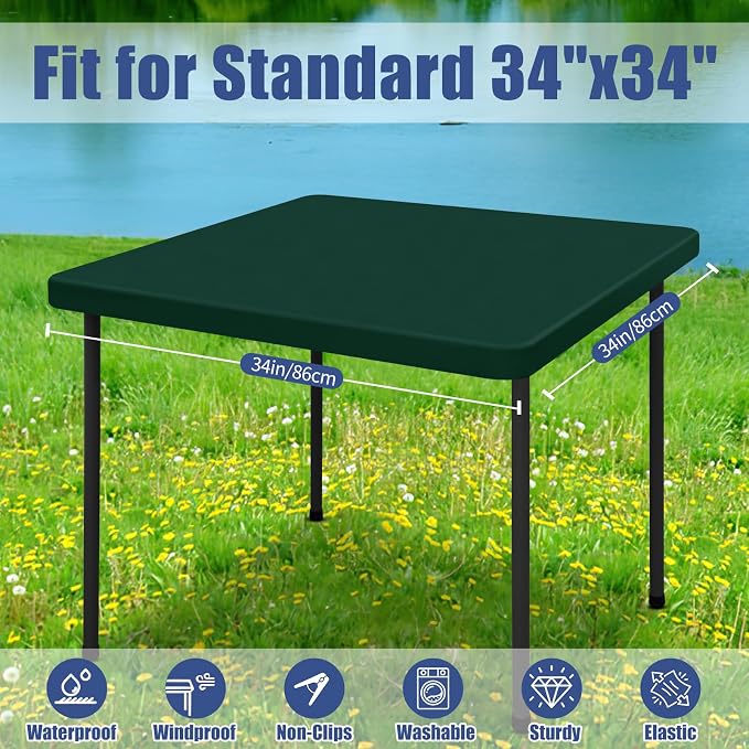 Moosfor Spandex Square Table Cloth, Elastic Fitted Tablecloths for Picnic, Stretch Washable Patio Table Cover for Outdoor, Camping, Banquet and Parties (Hunter Green, 34"x34")