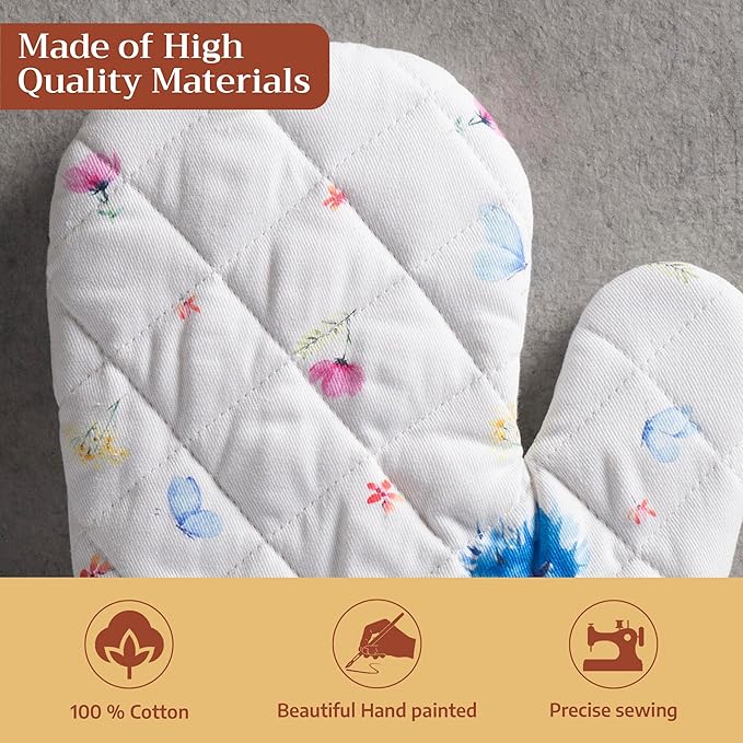 Maison d'Hermine Oven Gloves 100% Cotton Oven Mitt 7" x 13" with Loop Heat Resistant BBQ Cooking Gloves Baking Grilling Kitchen Hotel Home Farmhouse Spring Summer (Pack of 1, Flower in The Field)
