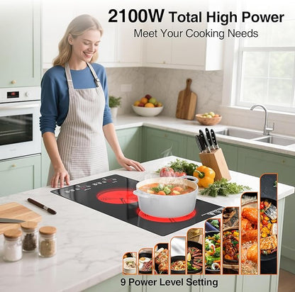 2100W Electric Cooktop 2 Burners 110V, 12" Electric Stove Top Hot Plate with Touch Control, Countertop & Built-in Ceramic Cooktop, Keep-Warm, Timer, Child Safety Lock, Compatible with All Cookware