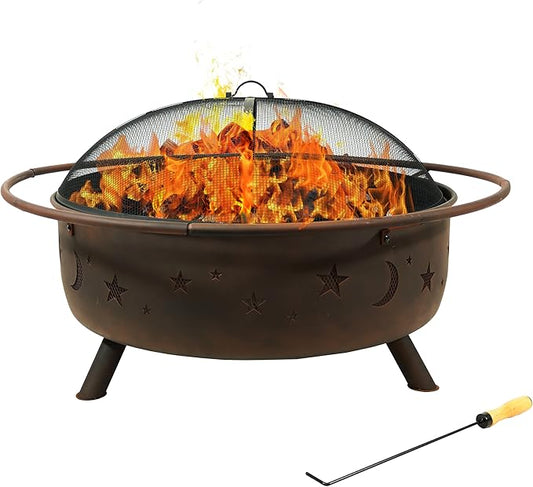 Sunnydaze Cosmic 42-Inch Large Outdoor Fire Pit - Wood-Burning Firepit for Outside Patio, Backyard, Deck - Steel - Wood Grate, Spark Screen, and Fireplace Poker Included - Bronze - 34” Bowl Diameter