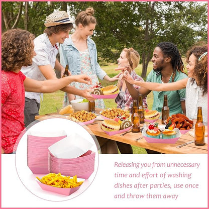 100 Pcs 2lb Paper Food Trays Boat Nacho Boats for Hot Dogs, Pink | Grease-Resistant, Disposable Kraft Paper Boat for Tacos Concession, Food Trucks, Birthday, Wedding, Christmas, Halloween