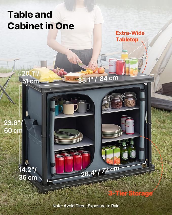VEVOR Folding Camping Storage Cabinet, Outdoor Portable Aluminum Lightweight Table, Quick Set-up Compact Kitchen Cook Station, with 6 Shelves and Carry Bag, for Picnic, BBQ, Camping, RV Traveling