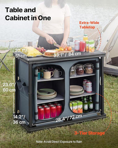 VEVOR Folding Camping Storage Cabinet, Outdoor Portable Aluminum Lightweight Table, Quick Set-up Compact Kitchen Cook Station, with 6 Shelves and Carry Bag, for Picnic, BBQ, Camping, RV Traveling