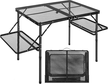 Folding Grill Table with Extension Space, Adjustable Height Portable Large Stand Camp Table for Outdoor Indoor Camping Picnic BBQ, Black with Side Panels