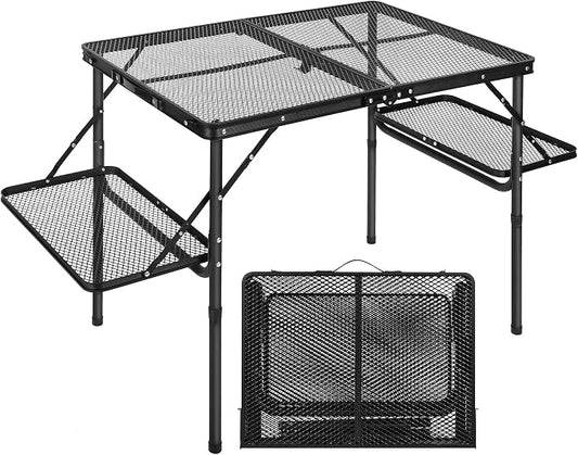 Folding Grill Table with Extension Space, Adjustable Height Portable Large Stand Camp Table for Outdoor Indoor Camping Picnic BBQ, Black with Side Panels