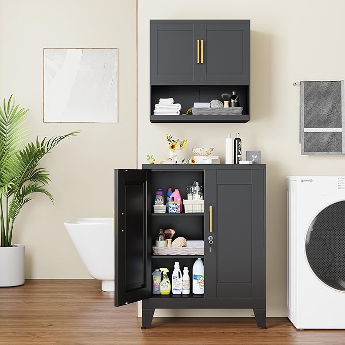 GAIOUS Black Metal Pantry Cabinet with Lock(Two Units), Sideboard Buffet Storage Cabient with Doors and 2 Adjustable Shelves, Multifunctional Kitchen Cupboard for Home Office, Buffet Table