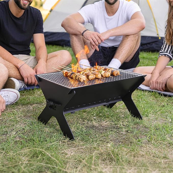 REDCAMP Portable Campfire Grill, Large Folding Stainless Steel Fire Pit with Grill & Carry Bag, Heavy Duty Charcoal BBQ Grill for Outdoor Cooking, Camping, Bonfire, Patio & Backyard