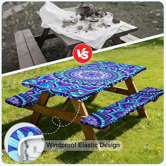 3 Piece Picnic Table Cover with Bench Covers, Camping Essentials | 72 inch Waterproof, Windproof Camping Tablecloth, Built-in Pockets, Elastic Edges, Machine Wash for Camping, BBQ, RV, Adults