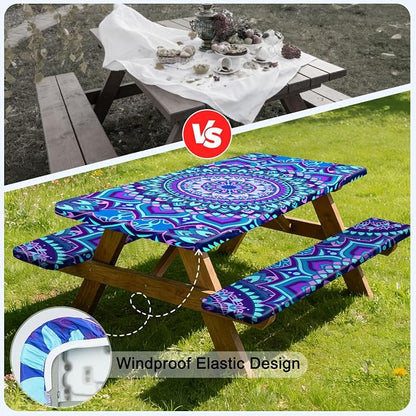 3 Piece Picnic Table Cover with Bench Covers, Camping Essentials | 72 inch Waterproof, Windproof Camping Tablecloth, Built-in Pockets, Elastic Edges, Machine Wash for Camping, BBQ, RV, Adults