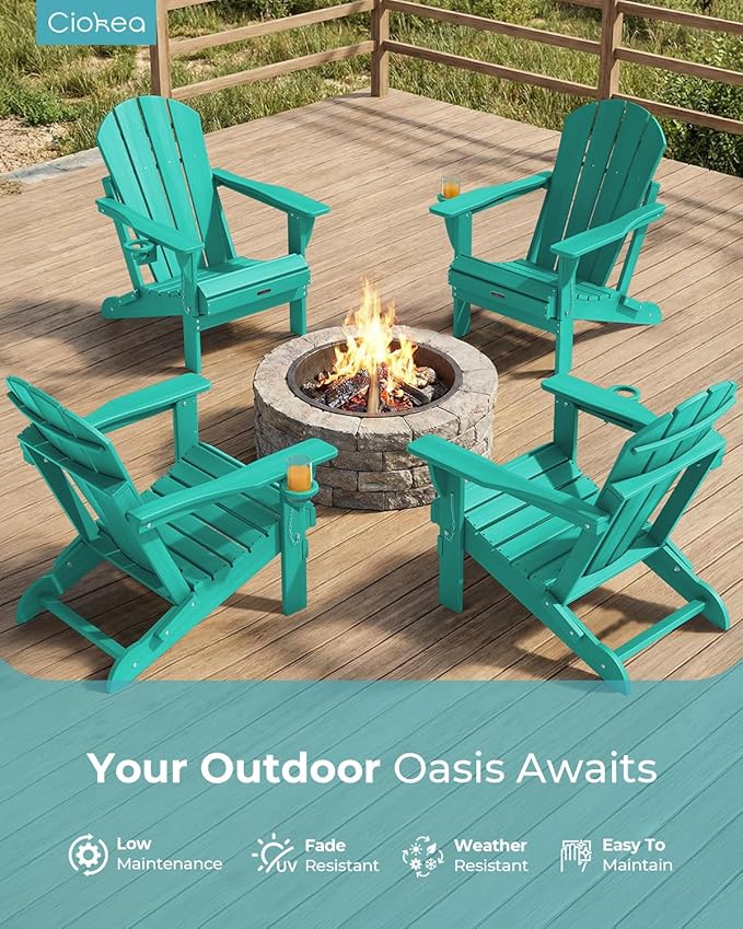 Ciokea Folding Adirondack Chair 6 Pack, Patio Adirondack Chair Weather Resistant, Plastic Fire Pit Chair with Cup Holder, Lawn Chair for Outdoor Porch Garden Backyard Deck (Lake Blue)