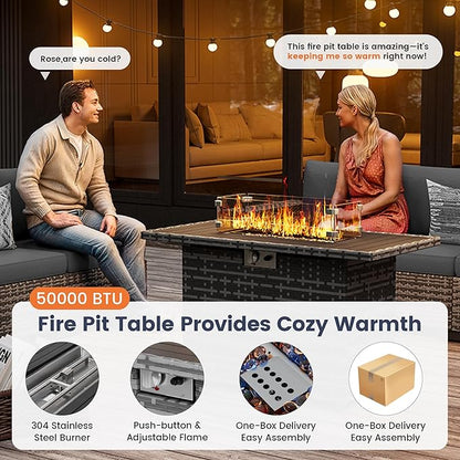 UDPATIO Patio Sectional Sofa with Fire Pit Table, 8 Inch Armrest 7-Piece Wicker Conversation with Waterproof Cover for Backyard Deck, Grey/Dark Grey
