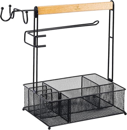 VIKEYHOME Grill Caddy, Picnic BBQ Organizer for Camping | Outdoor Mesh Basket with 3 Hanging Hooks and Paper Towel Holder, Ideal Table Storage Tools for RV Camper/Tailgating/Flatware