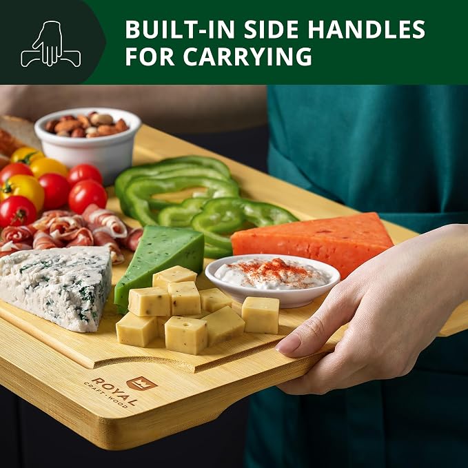 ROYAL CRAFT WOOD Bamboo Cutting Board with Juice Groove - Kitchen Chopping Board for Meat Cheese and Vegetables, Heavy Duty Serving Tray