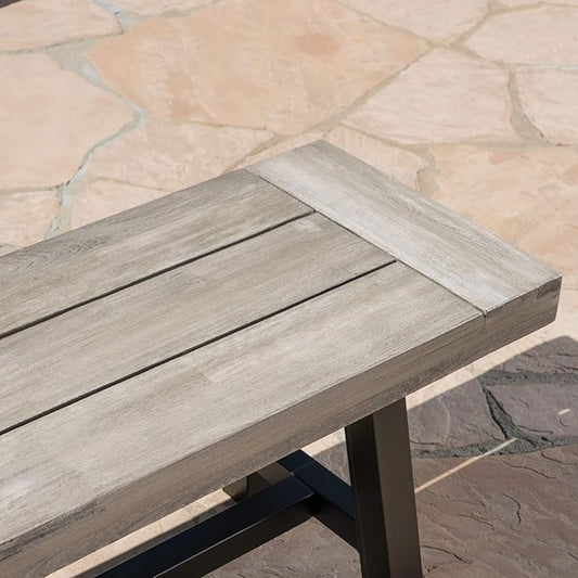 Christopher Knight Home Louise Outdoor Wicker Dining Set with Acacia Wood Table and Bench and Water Resistant Cushions, 6-Pcs Set, Sandblast Light Grey / Black Rustic Metal / Grey / Grey Cushions