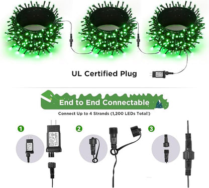 WBao Christmas Lights Indoor Outdoor 300LED 108ft, Super Bright LED Christmas String Lights with UL Certified, 8 Light Modes, Timer, Connectable & Waterproof for Trees, Patio, Xmas Party Decor, Green
