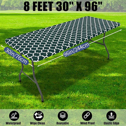 Smiry 2 Pack Rectangle Table Cloth 8 Foot, Waterproof Elastic Fitted Tablecloths, Windproof Washable Polyester Table Cover for Picnic, Camping, Outdoor (Hunter Green, 30"x96")