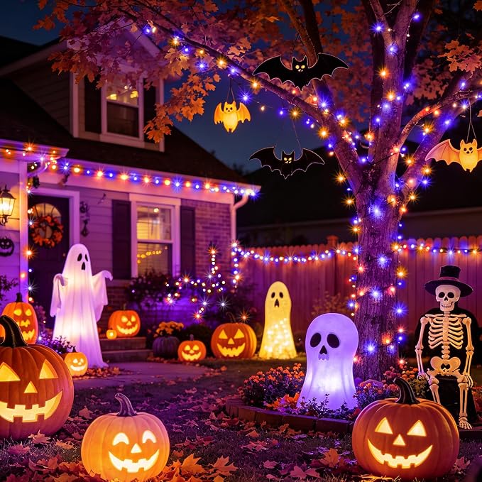 KNONEW LED String Lights Orange and Purple 99FT 300 LED Halloween Lights with 8 Modes Memory for Home Tree Yard Room Indoor & Outdoor Decorations