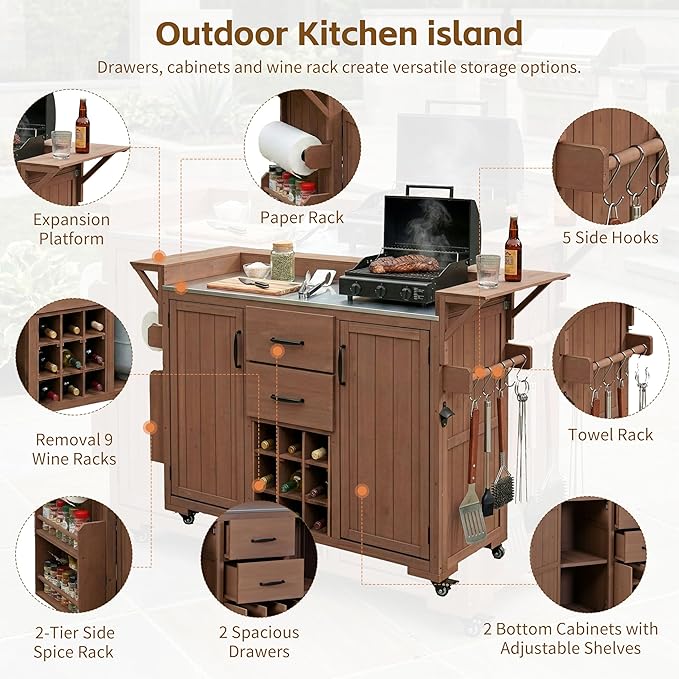 60.2-inch Mobile Outdoor Kitchen Island, Wooden BBQ Table with Stainless Steel countertop, Mobile BBQ Trolley with Storage Cabinet, 2 Storage compartments, Wine Rack and Spice Rack